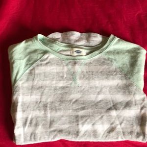 Grey and white stripped light green sleeved shirt